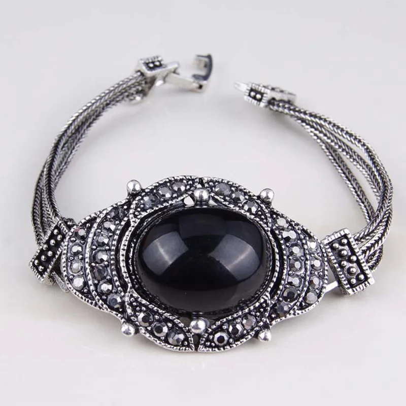 Vintage Ethnic Silver Color Layered Chain Bracelet Punk Big Black Stone Crystal Bracelets For Women Statement Turkish Jewelry