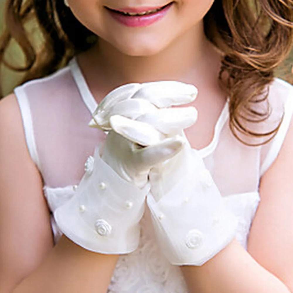 Gants de mariage court en perles de fleurs pour filles, tache de soirée, accessoires de vacances pour enfants, Halloween, anniversaire, offre spéciale