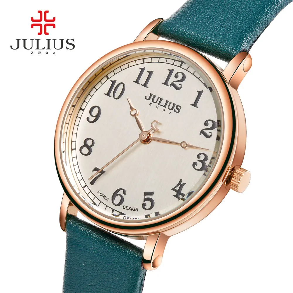 JULIUS Ladies Watches Top Brand Luxury Dark Green Simple Casual Dress Leather Strap Silver Rose Gold Arabic Number Montre JA-949