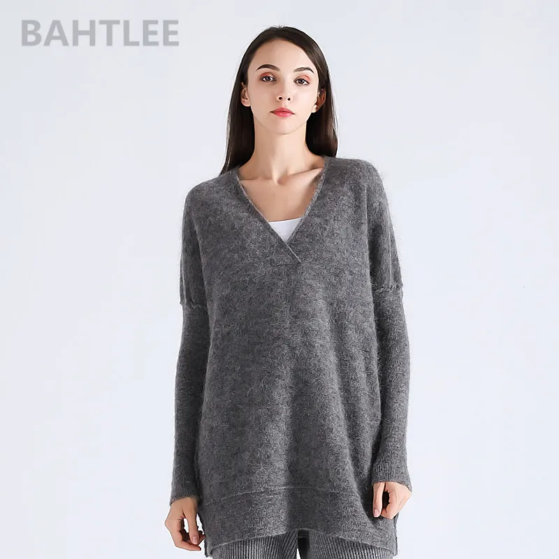 BAHTLEE-Women's Africa Mohair Wool Knitted Pullovers, V-Neck Sweater, Long Sleeves, Light Loose, Keep Warm, Spring, Autumn