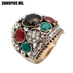 Hot Bohemia Ethnic Round Rings For Women Turkish Design Antique Gold Color Full Rhinestone Vintage Wedding Ring Jewelry Gift New