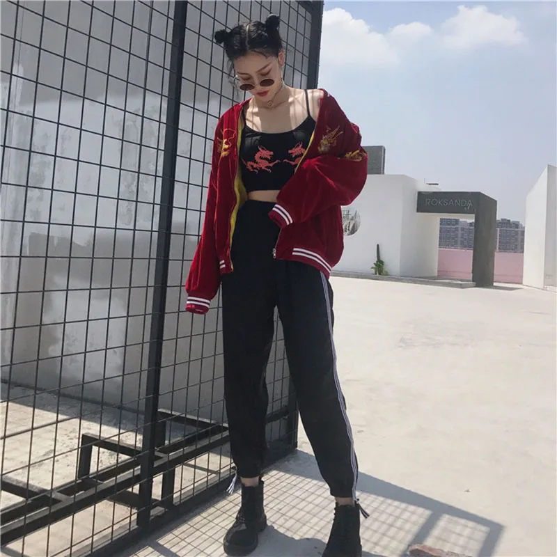 2020 Autumn Street Trend New Dragon Embroidery Baseball Clothing Zipper Flower Wine Red Jacket O-Neck Women  Service Coat JK791