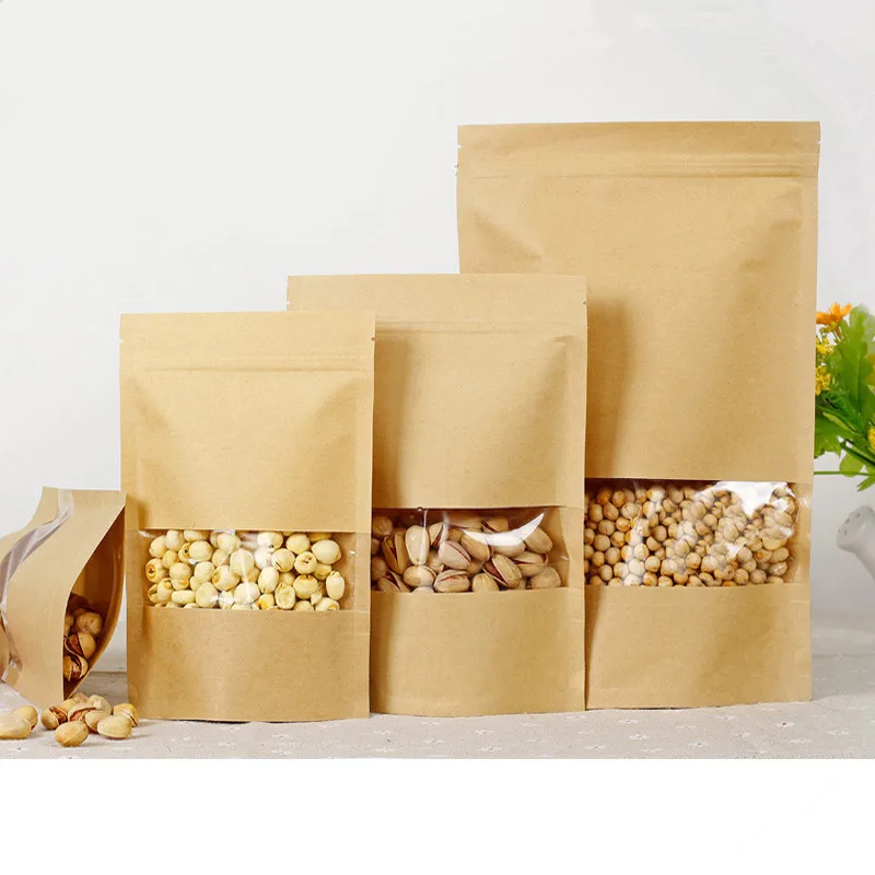 

50Pcs/ Lot 16*26cm Retro Stand Up Kraft Paper Bag Zipper Doypack Craft Storage Pouch Window For Bean Snack Coffee Nut Packing