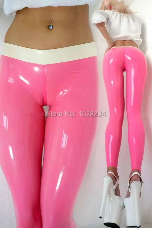 

Latex Leggings Rubber Baby pink Women's Latex Leggings Skinny Trousers White Trim