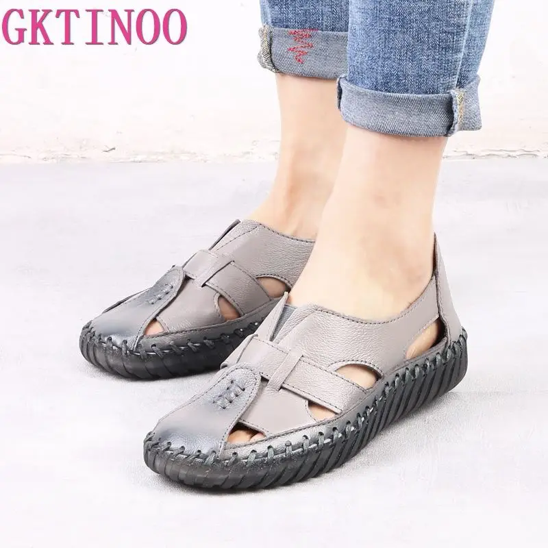 GKTINOO Women\'s Sandals 2024 Summer Genuine Leather Handmade Ladies Shoe Leather Sandals Women Flats Retro Style Mother Shoes