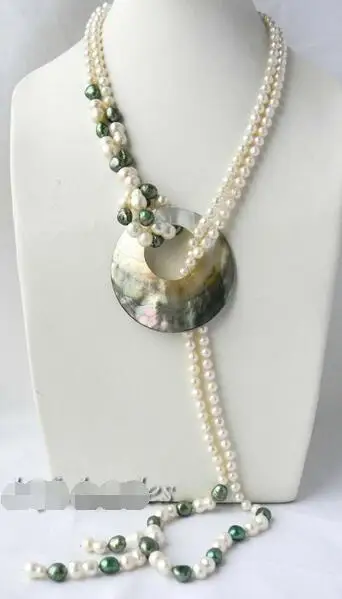 

2Strands 45'' White Round Green Baroque Freshwater Pearl Shell Pendant Nacklace