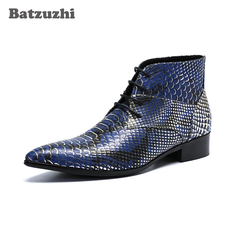 Batzuzhi Luxury Men Boots Short Ankle Leather Boots Fashion Fish scale Leather Lace-up Pointed Toe Blue Party Boots Botas Hombre