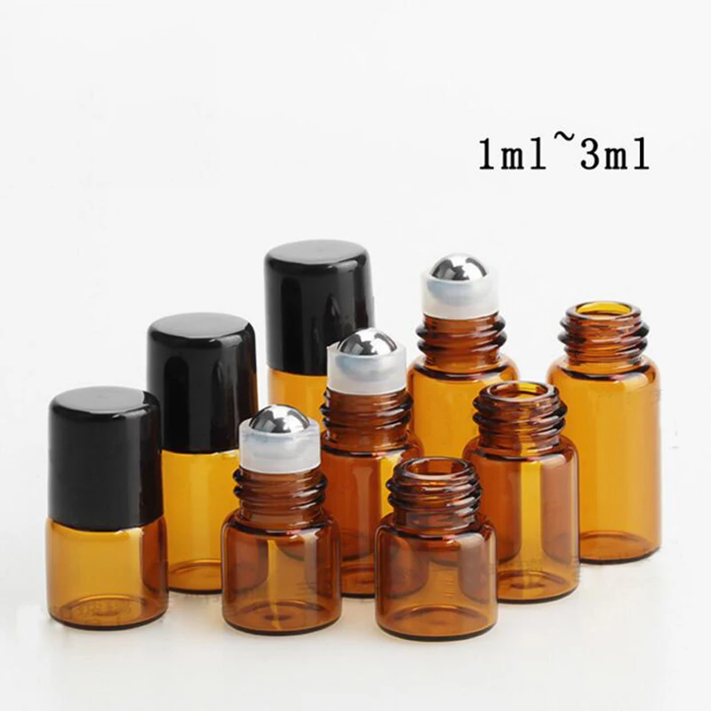 600pcs/lot  1ml 2ml 3ml 5ml Perfume Sample Vials Mini Amber Roller Bottles Essential Oil Glass Bottle With Black Plastic Cap