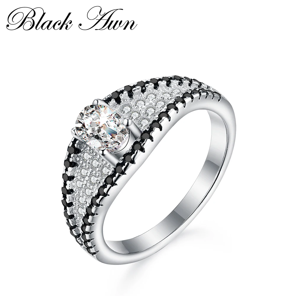 

[BLACK AWN] Genuine 100% 925 Sterling Silver Jewelry Rings for Women Black Spinel Stone Bijoux Party Gift C243