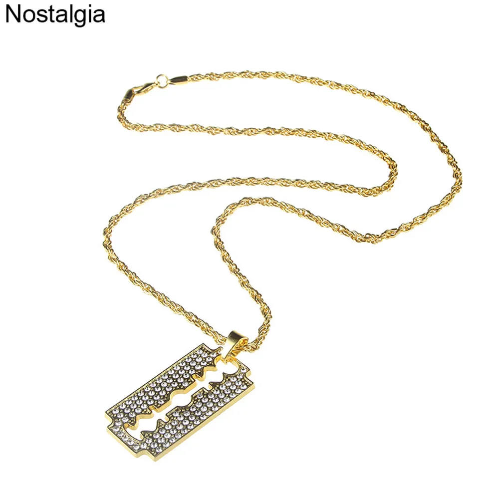 Nostalgia Crystal Charm Razor Blade Long Necklace With Big Pendant Barber Hiphop Mens Womens Jewelery