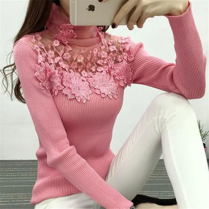 New Women Turtleneck Sweater Autumn Winter Mesh Patchwork Knitted Pullovers Flowers butterfly Basic Sweaters Female Tops AB700