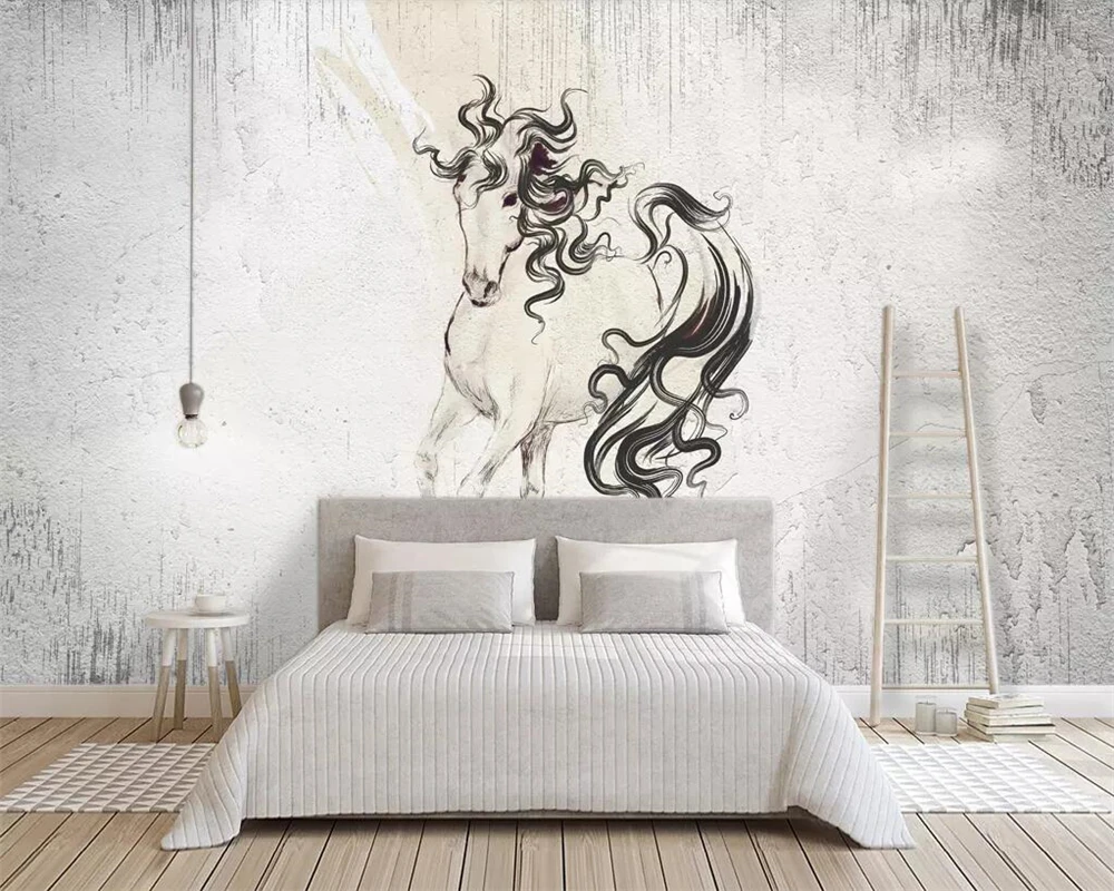 Beibehang 3d wallpaper Nordic abstract cement wall background walls ink horse abstract living room bedroom TV background mural