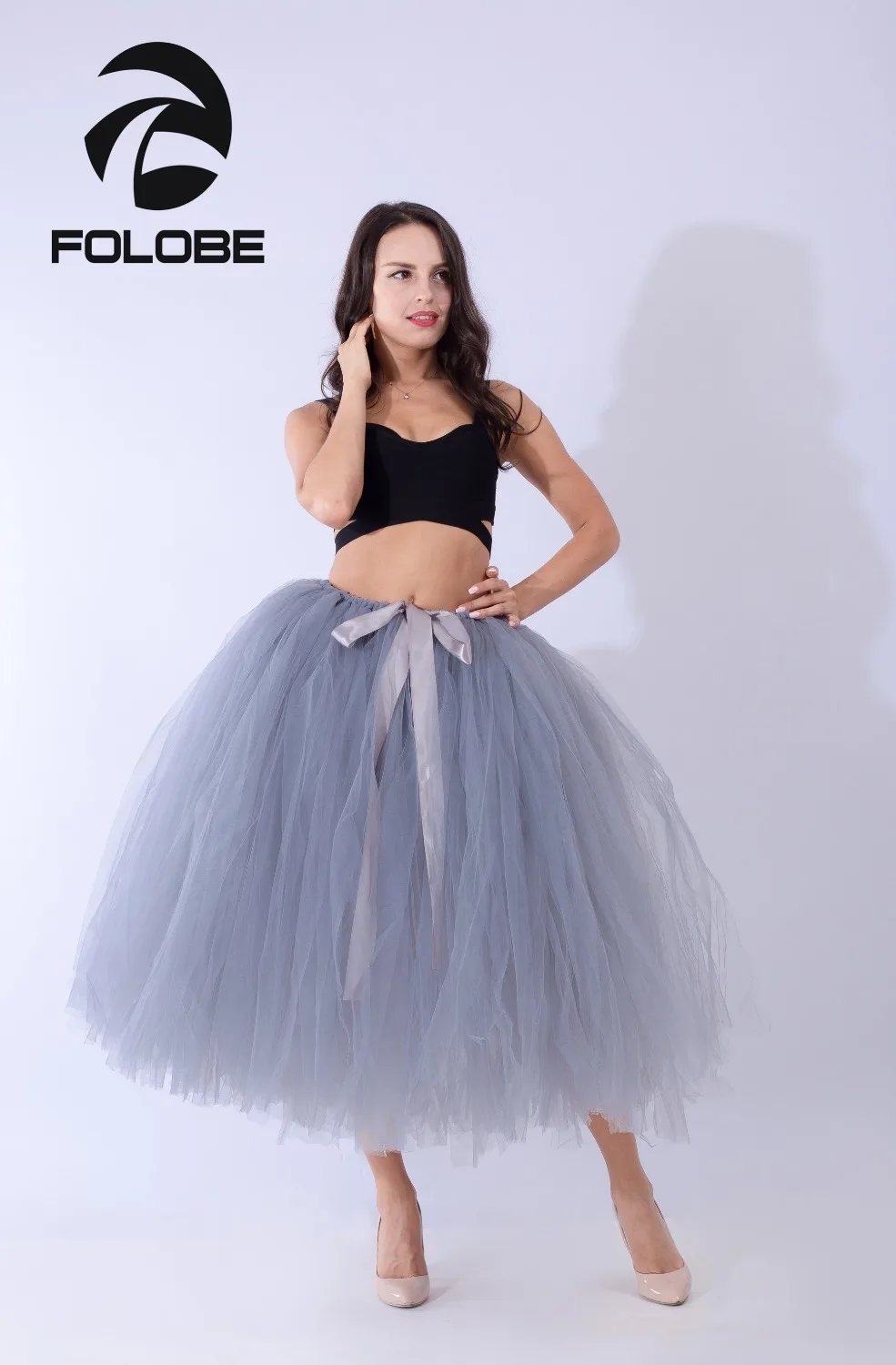 FOLOBE Handmade Gray Vintage Tulle Skirt Tutu Maxi Long Skirts Womens High Waist Skirt Jupe Longue Skater Skirts TT015