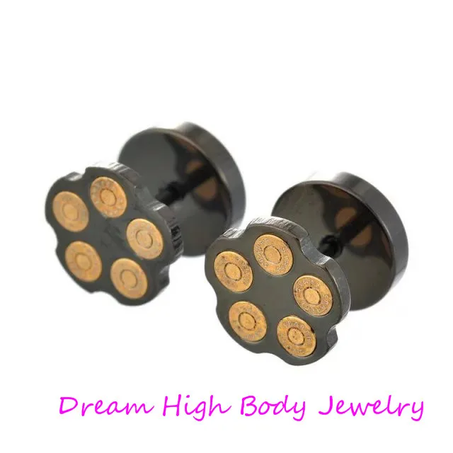 punk ear stud black bullet 10 mm ouro cor moda brinco barbell 316l aco inoxidavel gotico tampoes de ouvido falso masculino 01