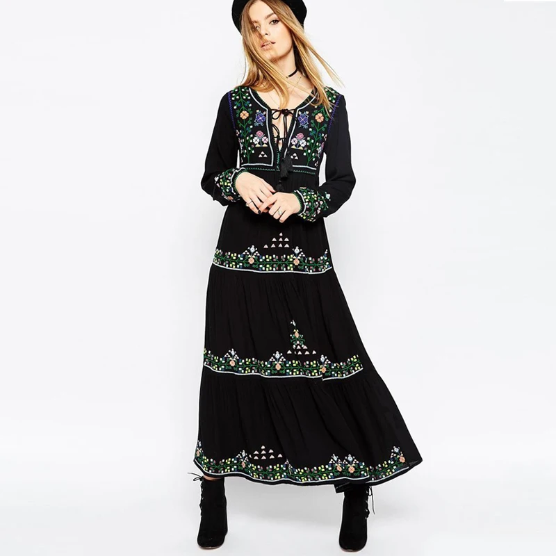 Black dress floral embroidered boho dress Vintage o-neck tassel long Sleeve dresses hippie long women dress brand clothing