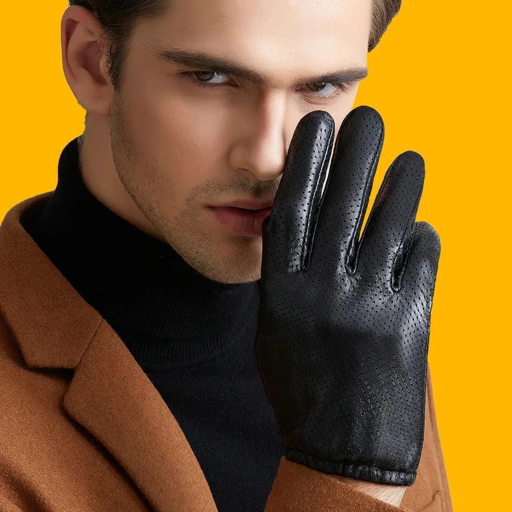 2023 Men Winter Gloves Genuine Sheep Leather Gloves Short Design Touch Screen Real Leather Gloves Mesh Driving Gloves LG024