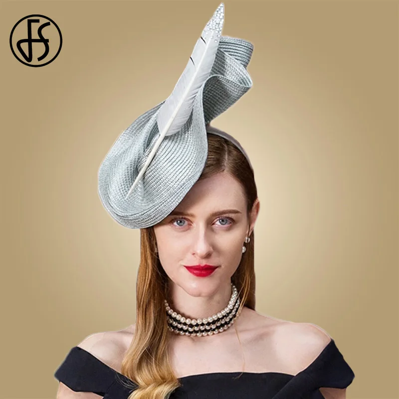 FS Big Fascinators For Weddings Sinamay Pillbox Hat White Women Elegant Feather Derby Fedoras Black Ladies Church Hats Vintage