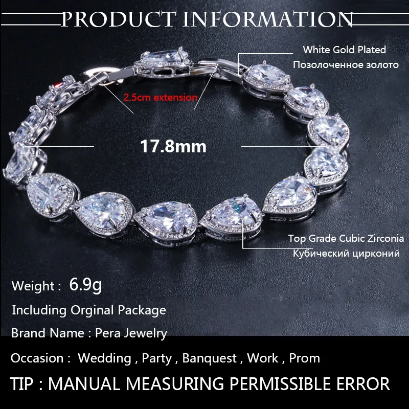 Pera High Quality Cubic Zirconia Rose Gold Color Big Water Drop Chain Link Bracelets for Women Wedding Jewelry Accessories B093