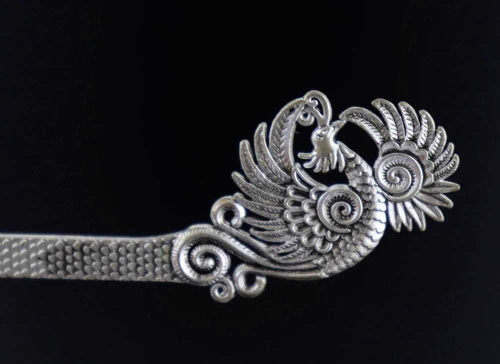 OLD Tibet Silver Copper Carve Myth Animal Phenix Noble China Style Girl Hairpin