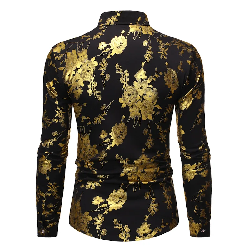 Men's Golden Rose Luxury Design Dress Shirts 2019 Autumn New Slim Fit Button Down Flowered Printed Stylish Party Club Shirt S-XL