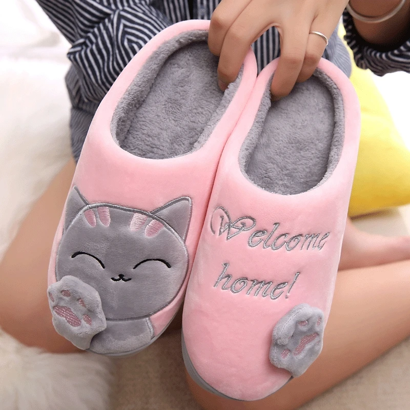 Women Winter Home Slippers Cute Cartoon Cat Non-slip Couples Warm Indoor House Floor Shoes Female Male Bedroom Plush Footwear