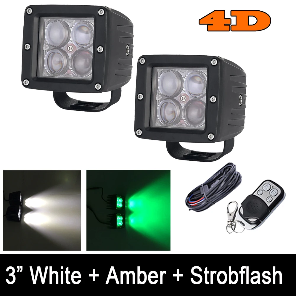 2PCS 48W 4D LED Work Light 3inch Square Pods White/Green Double Color Change Strobeflash & Wiring Harness Kit 12V 24V Hunting