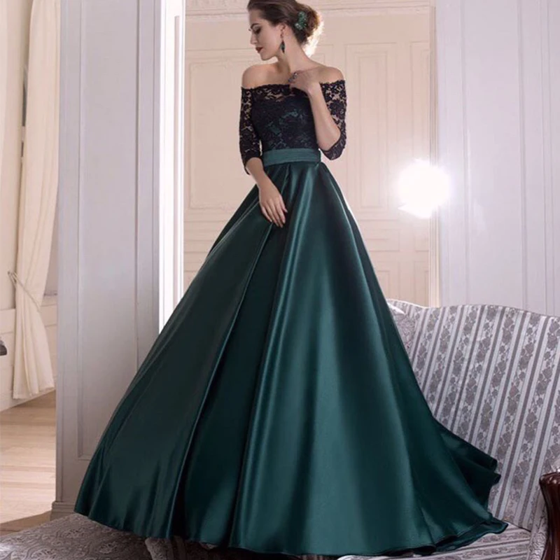 Vestidos de fiesta sin hombros con media manga para mujer, Top de encaje negro, falda de satén verde oscuro, vestido Formal de fiesta, vestidos de graduación con línea A