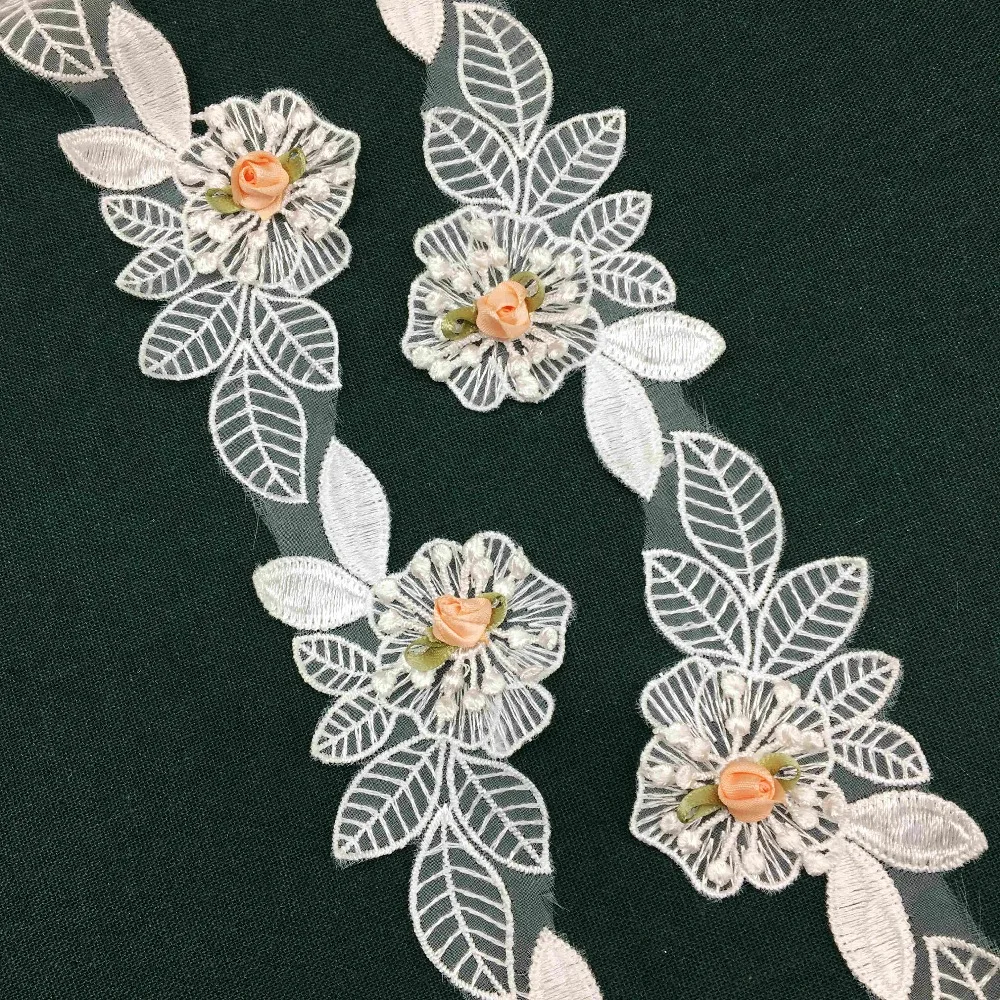 1 Yard White 3D Polyester Pearl Rose Flower Embroidered Lace Trim Ribbon Sewing Supplies Craft For Apparel Decoration 6x11.3cm