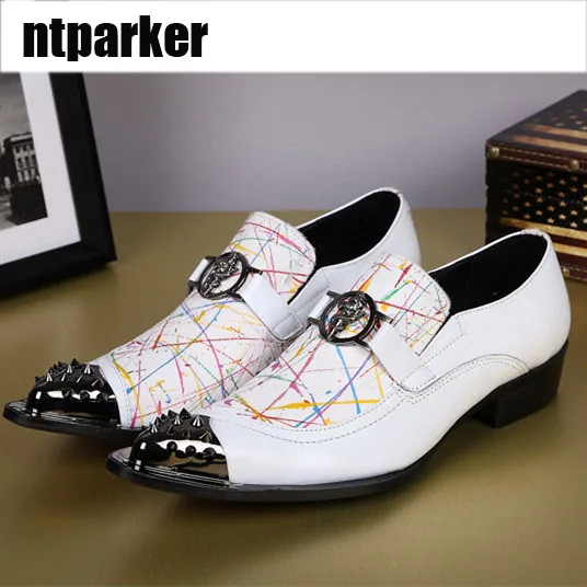 ntparker-New Arrival LUXURY Italian Style White Man Leather Shoes Pointed Metal Toe Oxford Shoes Zapatos Hombre, EU38-46