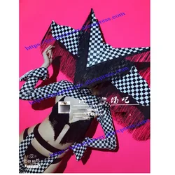 Sexy Gogo stage dance wear Black and white plaid tassel headdress gogo dance team bikini bar costume