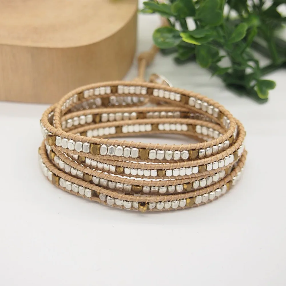 Bohemian Women Men Bracelets Style Brass Bead 5 Wraps Statement Bracelet for Men and Women