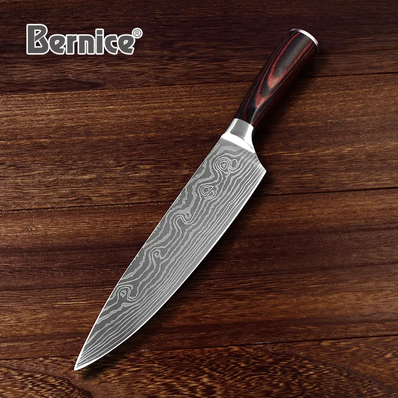 Bernice Stainless Steel Kitchen Chef Knife 8 inch With Damascus Laser Pattern Timhome Pakka Wood Handle