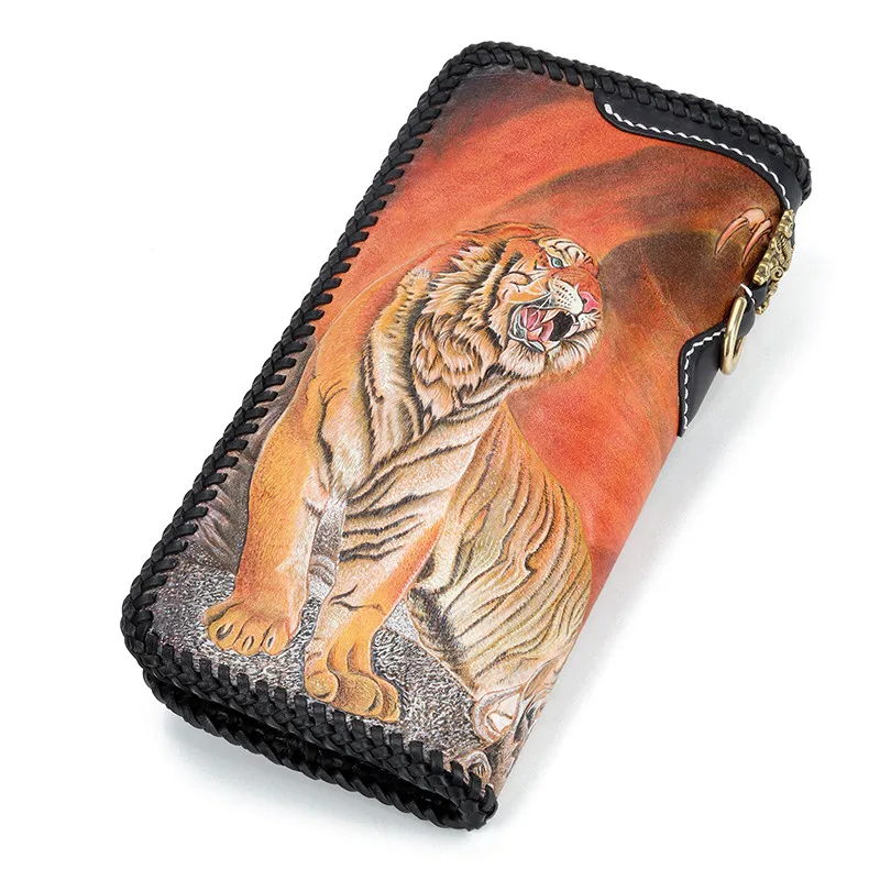 Master Works Genuine Leather Wallets Carving Dragon Tiger Purses Men Long Clutch Vegetable Tanned Leather Wallet Card Holder