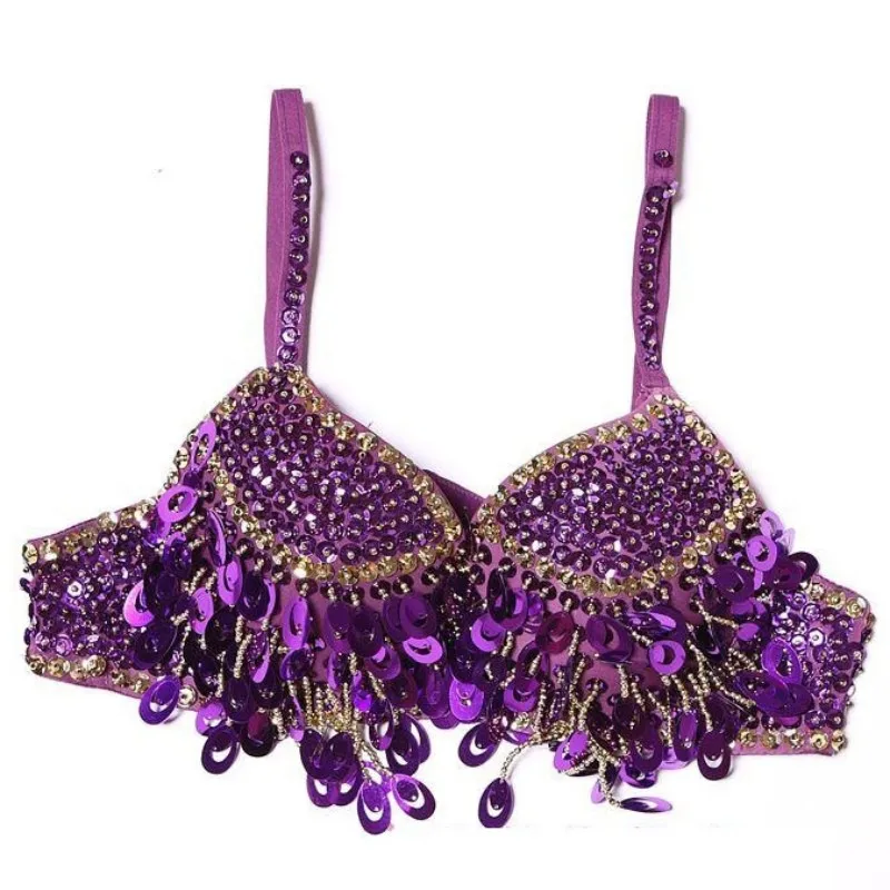 Sujetador de danza del vientre para mujer, ropa Sexy de danza del vientre, Top de lentejuelas hecho a mano, 10 colores