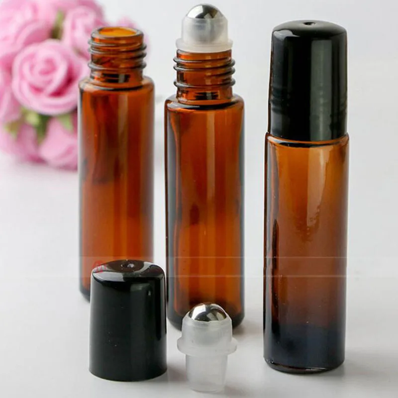 

1000pcs/lot 10ml Amber Glass Roll On Bottle with Stainless Steel Roller Ball Essential Oils Brown Perfume Bottles Fast delivery