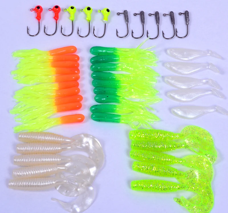 35Pcs Soft Worm Lure Carp Fishing Lure Set Kit + 10 Lead Head Jig Hooks Simulation Suite Soft Fishing Baits Set Tackle Pesca