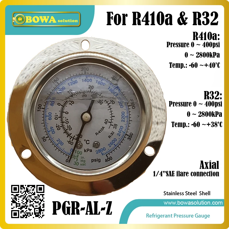 Medidor de pressão de aço inoxidável, refrigerante r410a & r32, medidor axial frontal com unidade analógica para refrigeração