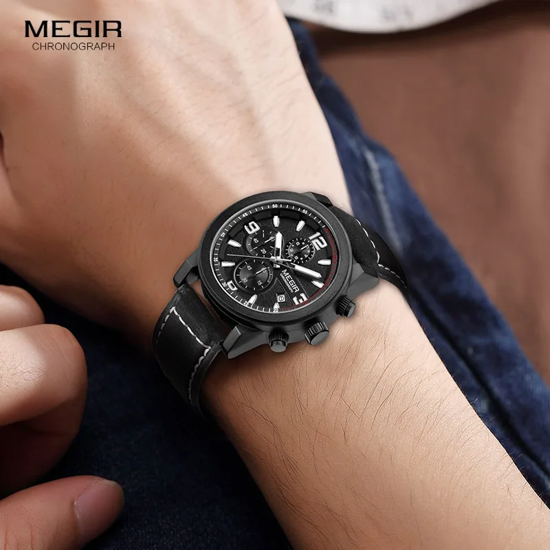 Megir Mens Chronograph Luminous Hands Waterproof Wristwatches Fashion Large Dial Calendar Leather Band Quartz Watch for Man