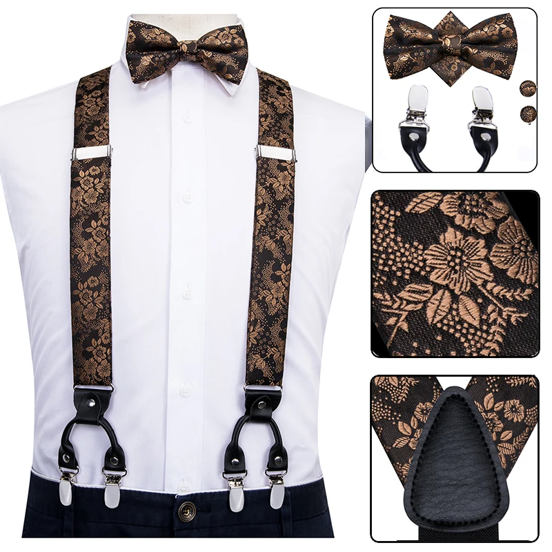 Hi-Tie — Ensemble avec bretelles en soie et attaches en métal pour hommes, 6 clips, modèle floral, doré et marron, style vintage, pour un mariage