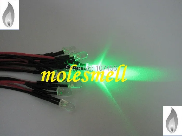 

Free shipping 25pcs 5mm green Flicker 12V Pre-Wired Water Clear LED Leds Candle green Light 20CM