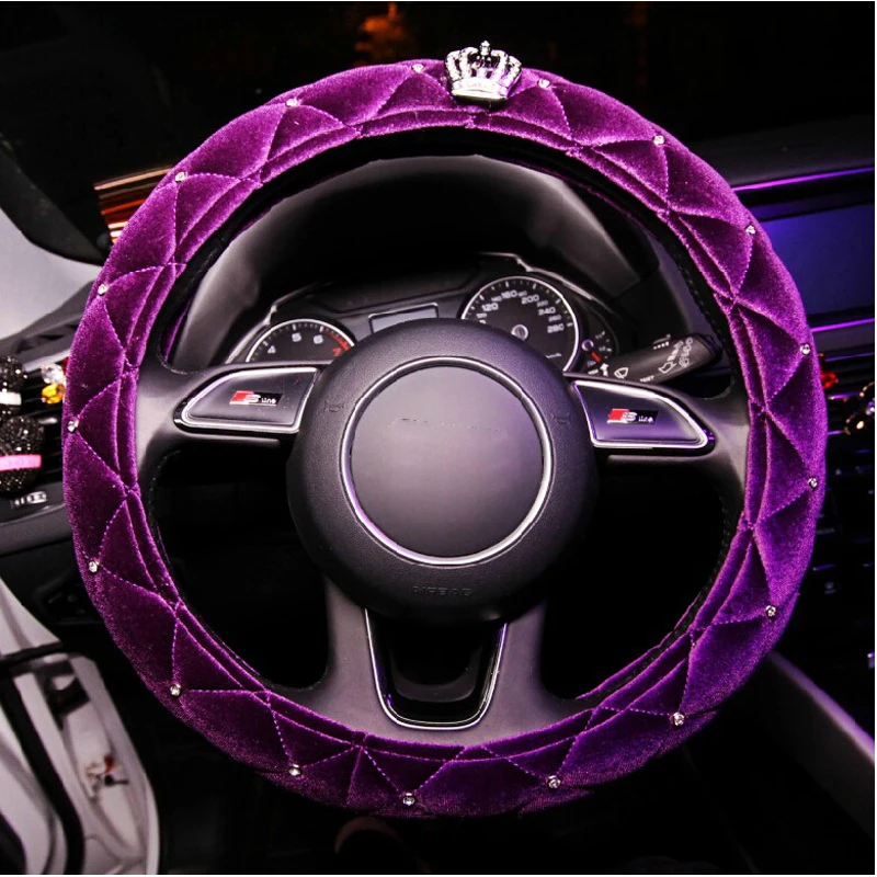 HuiER Car Steering Wheel Cover Crystal Crown High Level Plush Anti-slip For 37-38CM/15