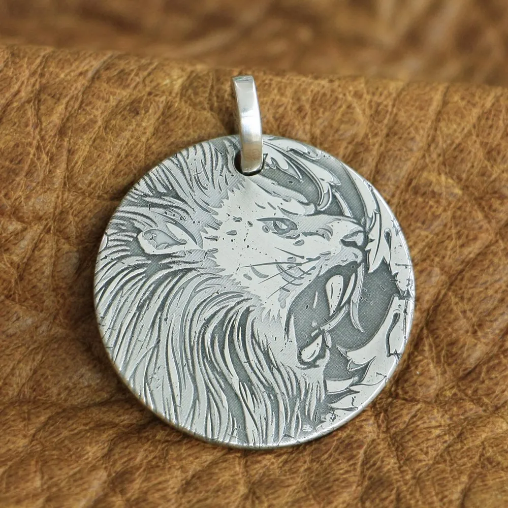 LINSION Laser Engraved High Details 999 Pure Silver King of Lion Mens Biker Punk Pendant 9X304 Just Pendant