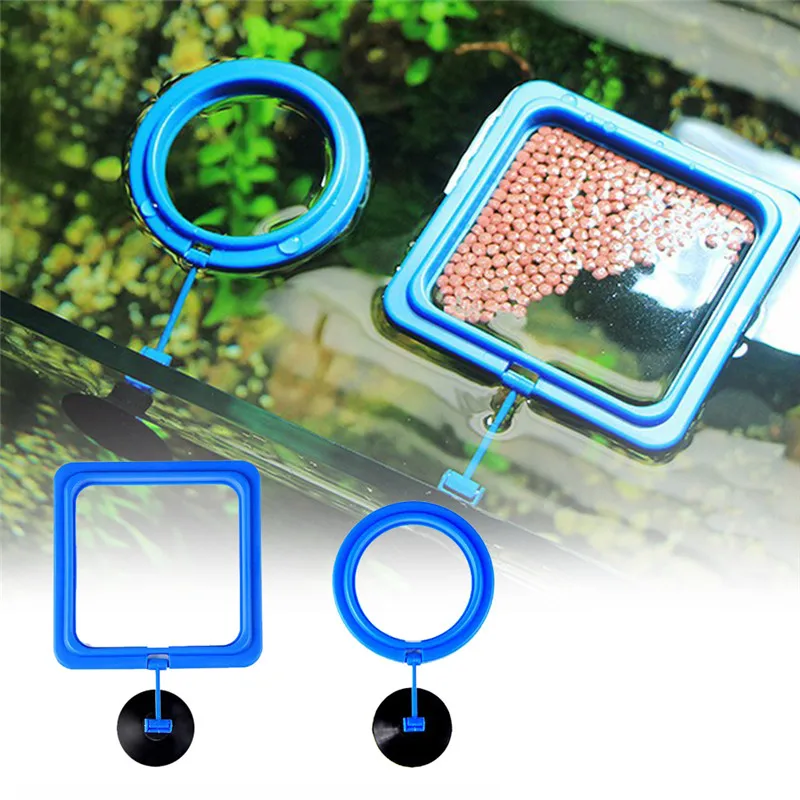 Round Square Fish Tank Food Ring Tray Feeder Aquarium Floating Food Feeding Station with Sucker for Fish Shrimp Turtle Feeding