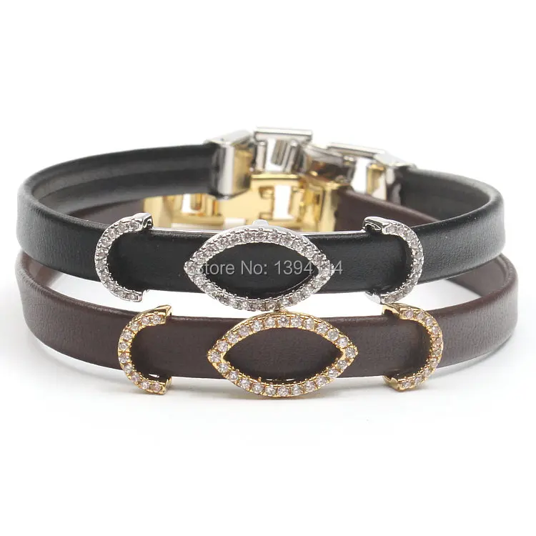 

Micro Pave Clear CZ Eye Arc Tube Strand Bracelet Stringed Leather Cord Fold Over Clasp Approx 6-8 Inches