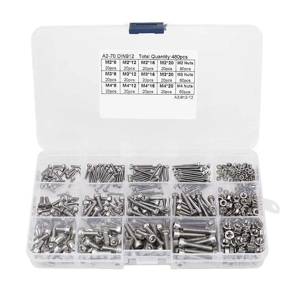 480PCS Screw and Nut Kit Assorted Hex Socket Head Cap Bolts Nuts M2/M3/M4 Stainless Steel Screw and Nuts Hex Socket Screws Set