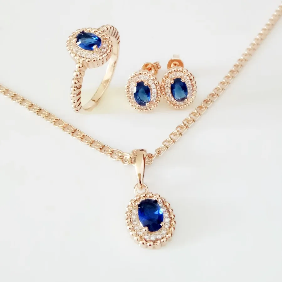 Luxury Trendy Women Jewelry Sets Office Style Rose 585 Gold Color Fashion Jewelry Blue Cubic Zirconia Earring/Necklace/Ring Sets