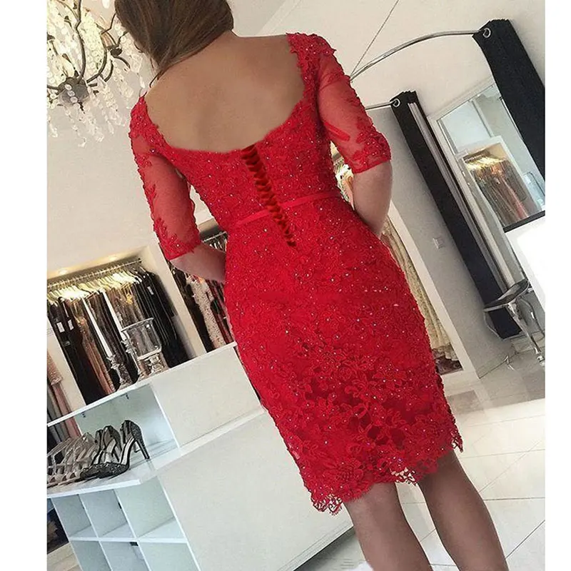 New arrival prom party dresses vestido de noiva sereia gown robe de soiree evening half sleeves short beads lace short frock