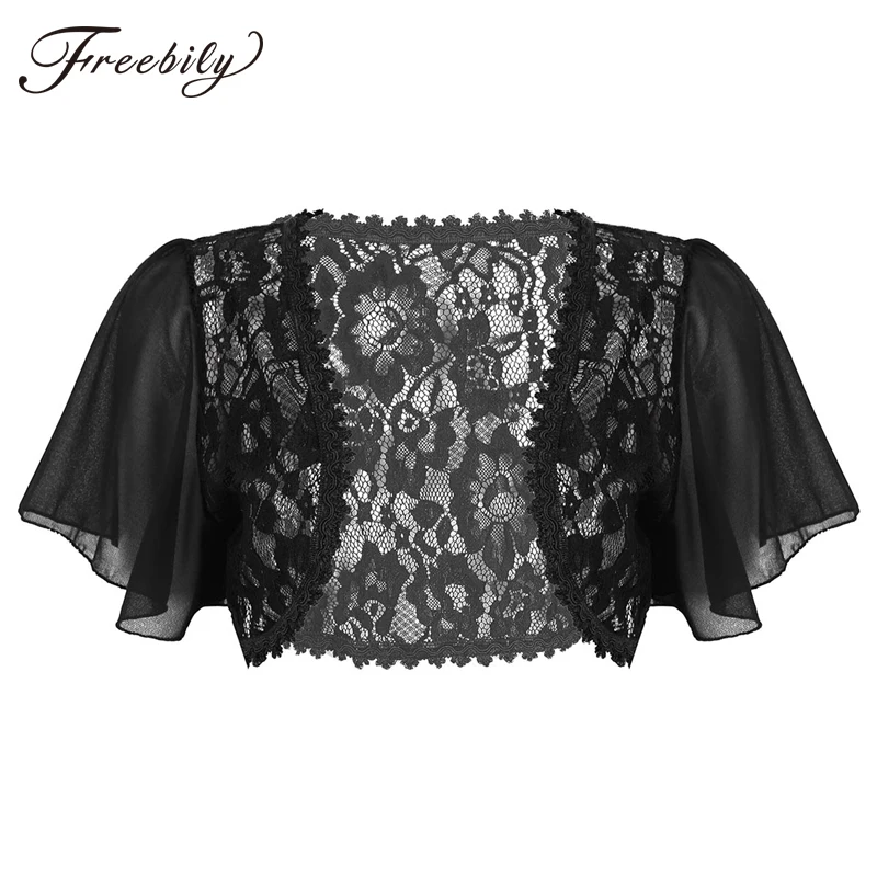 Sexy Bolero Women Black White Lace Elegant Ladies Shrug Short Bell Sleeve Cropped Jacket Shrug For Wedding Evening Prom