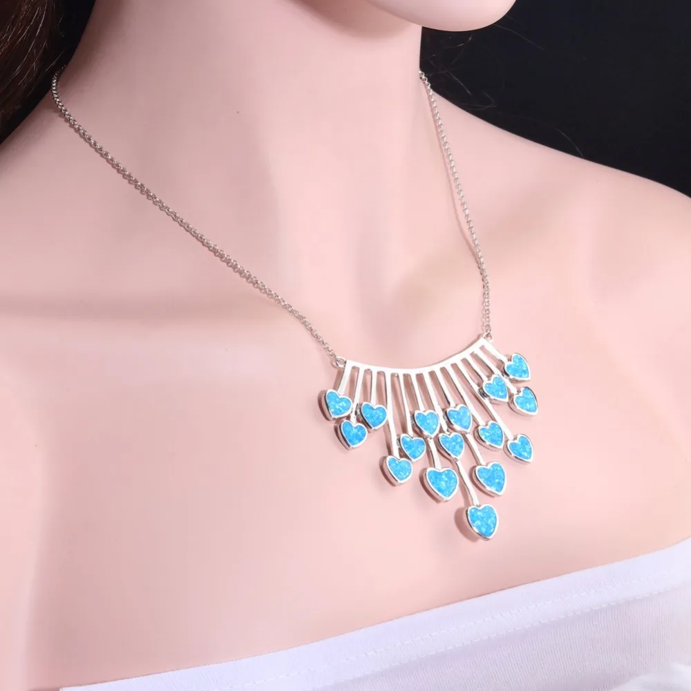 CiNily Cascading Glamour Blue Fire Opal Long Necklaces & Pendants Silver Plated Heart Love Luxury Cocktail Party Jewelry Woman