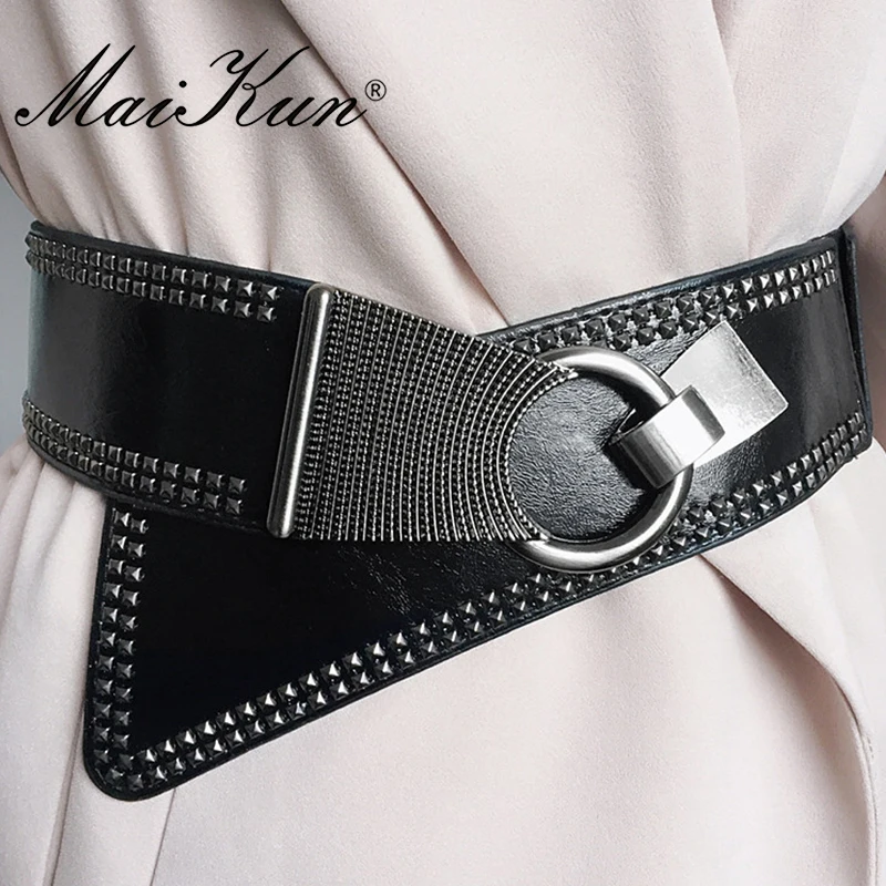 Maikun Fashion Punk Rocker Wide Belts for Women Elastic Wide European Style Women Belts Metal Round Buckle